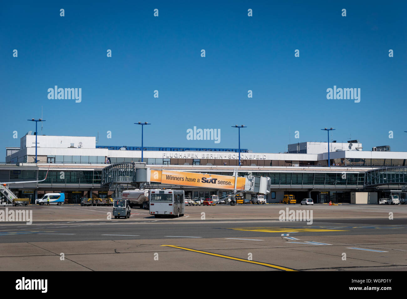 Berlin, Germany - July 2019: Berlin Schonefeld Airport architecture and its runaway. Stock Photo