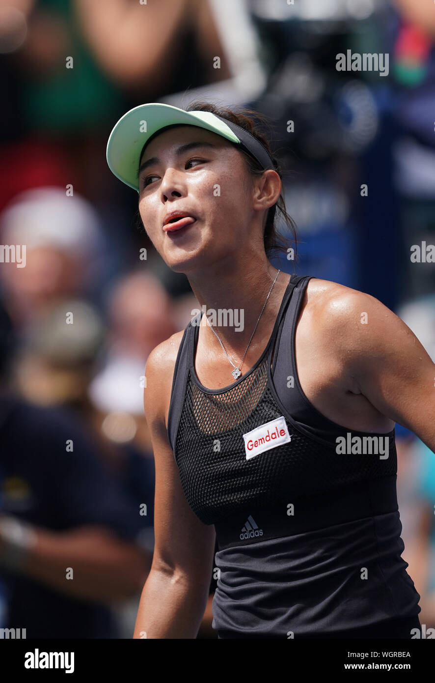 New York, USA. 1st Sep, 2019. Wang Qiang of China celebrates after the women's singles fourth round match between Wang Qiang of China and Ashleigh Barty of Australia at the 2019 US Open in New York, the United States, Sept. 1, 2019. Credit: Liu Jie/Xinhua/Alamy Live News Stock Photo