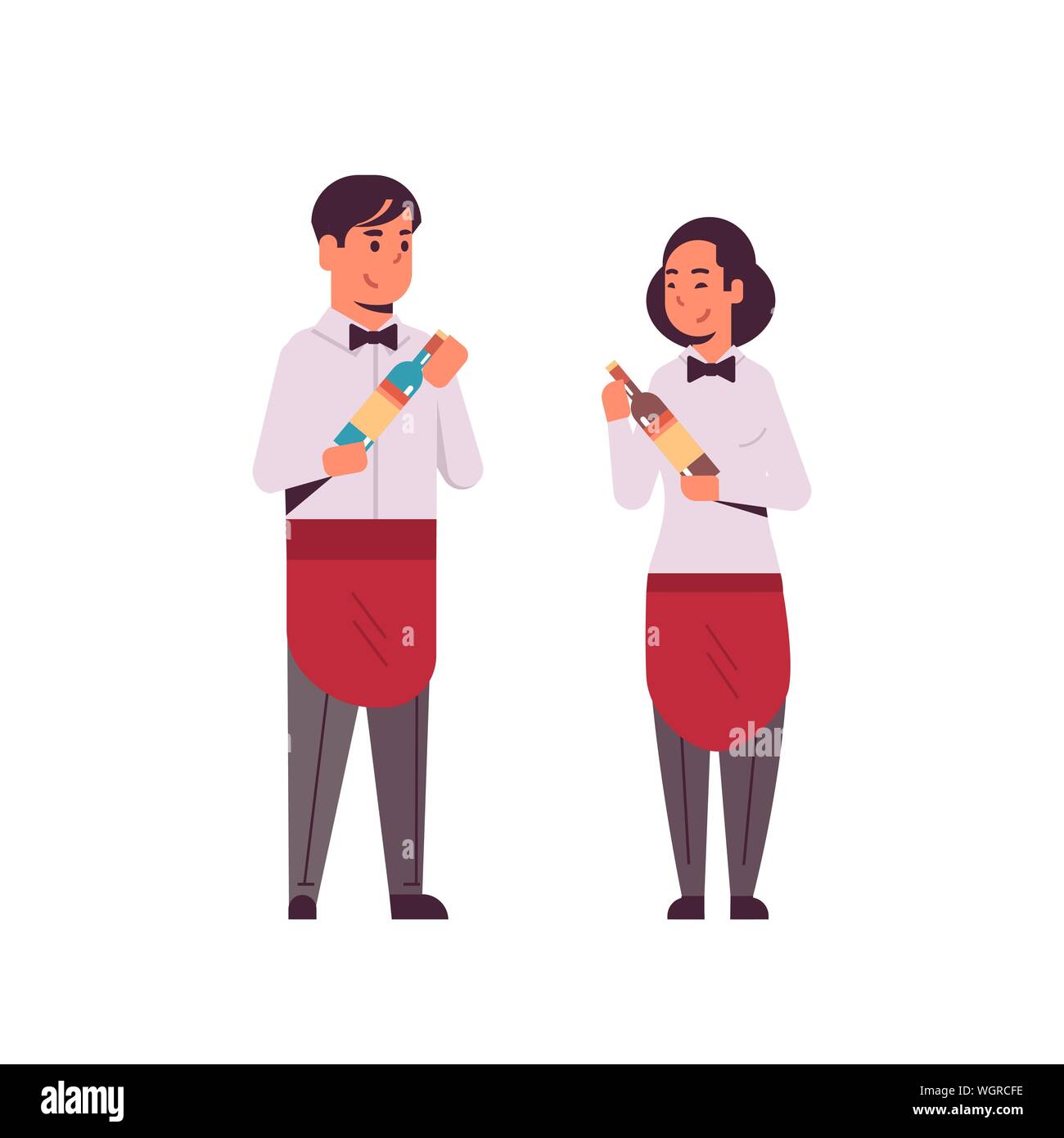 professional waiters couple holding bottles of wine man woman restaurant workers in red apron offering alcohol drinks flat full length white Stock Vector