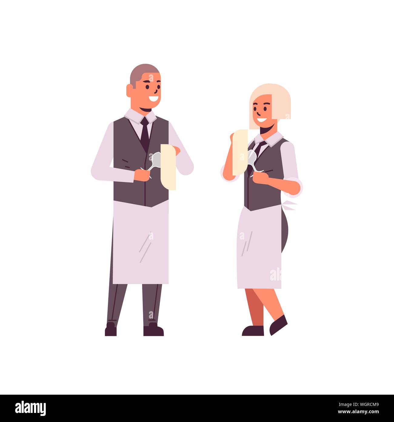 professional waiters couple polishing wine glasses with towel man woman restaurant workers in uniform flat full length white background Stock Vector