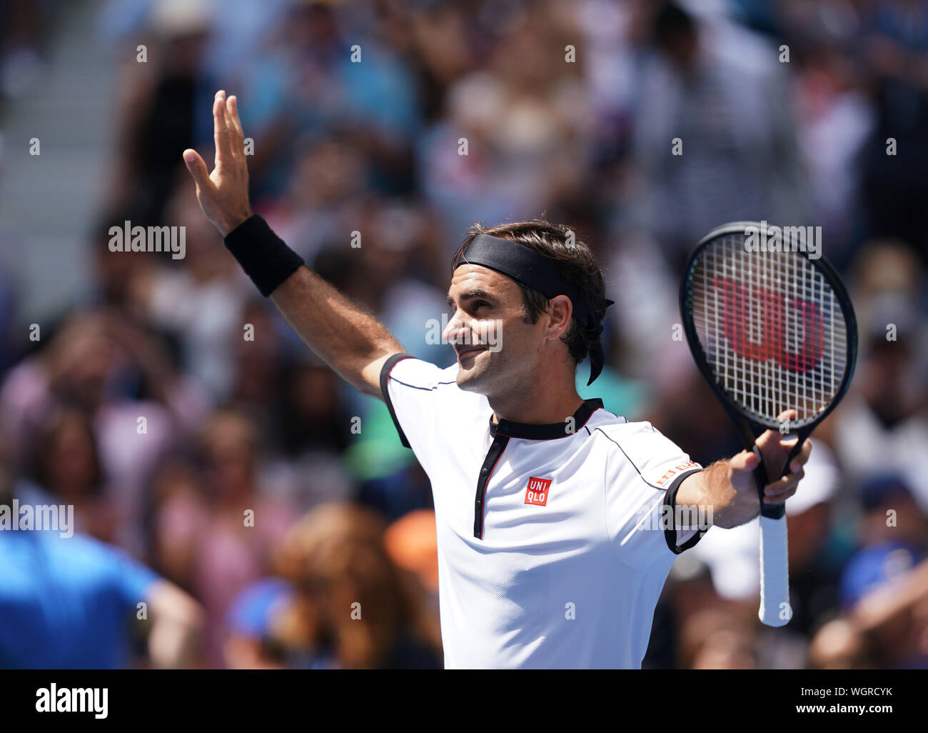 New York, USA. 1st Sep, 2019. Roger Federer of Switzerland gestures to audience after the men's singles fourth round match between Roger Federer of Switzerland and David Goffin of Belgium at the 2019 US Open in New York, the United States, Sept. 1, 2019. Credit: Liu Jie/Xinhua/Alamy Live News Stock Photo