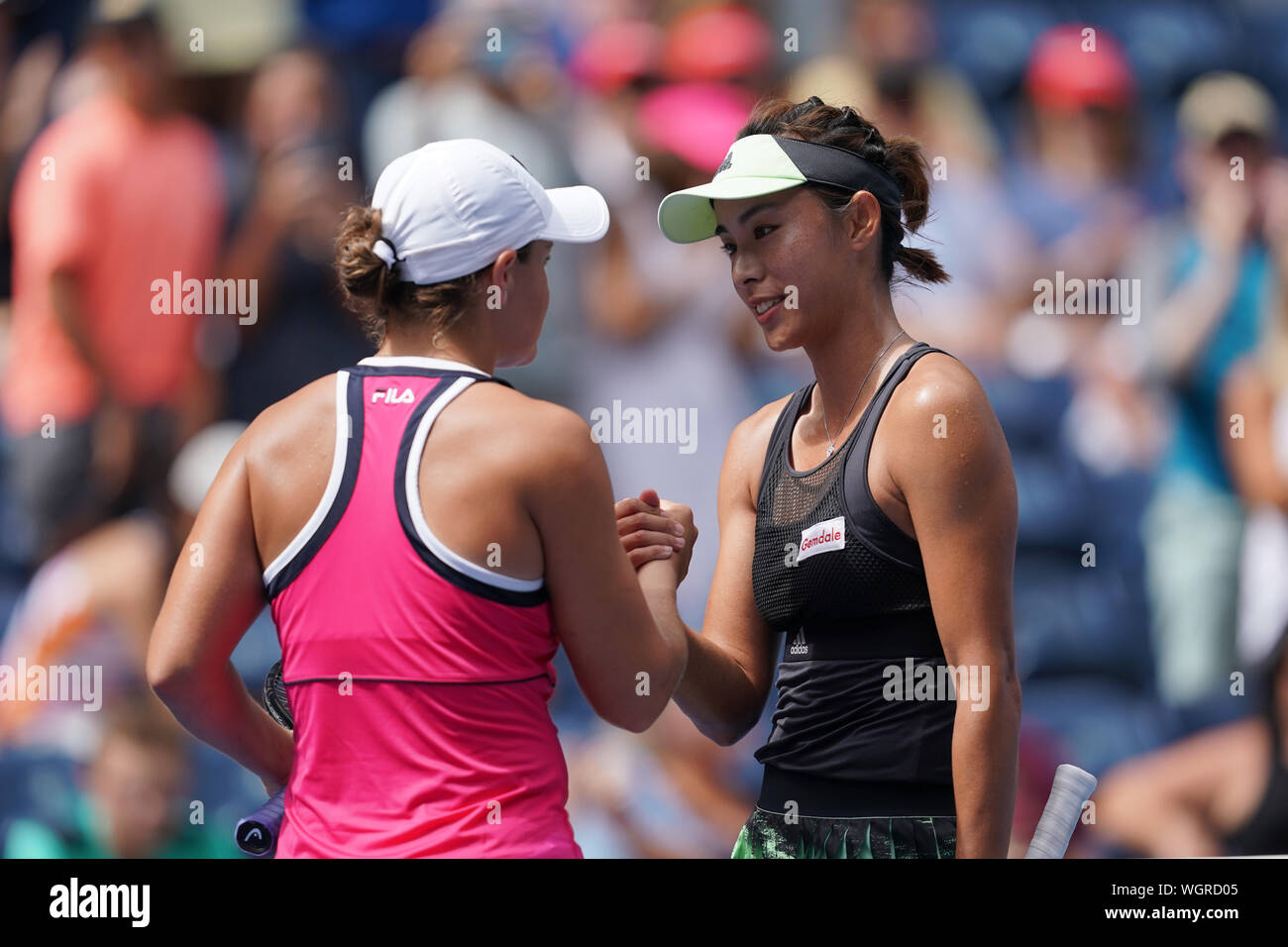 New York, USA. 1st Sep, 2019. Wang Qiang(R) of China shakes hands with Ashleigh Barty of Australia after their women's singles fourth round match at the 2019 US Open in New York, the United States, Sept. 1, 2019. Credit: Liu Jie/Xinhua/Alamy Live News Stock Photo