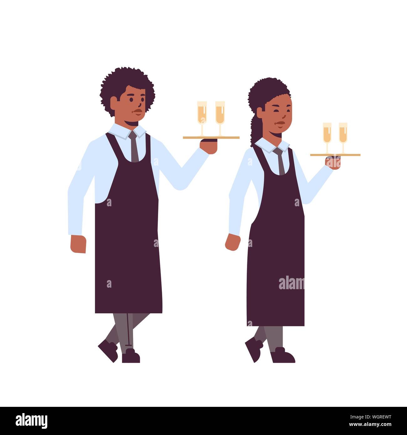 professional waiters holding serving trays with glasses of champagne african american man woman restaurant workers in uniform carrying alcohol drinks Stock Vector