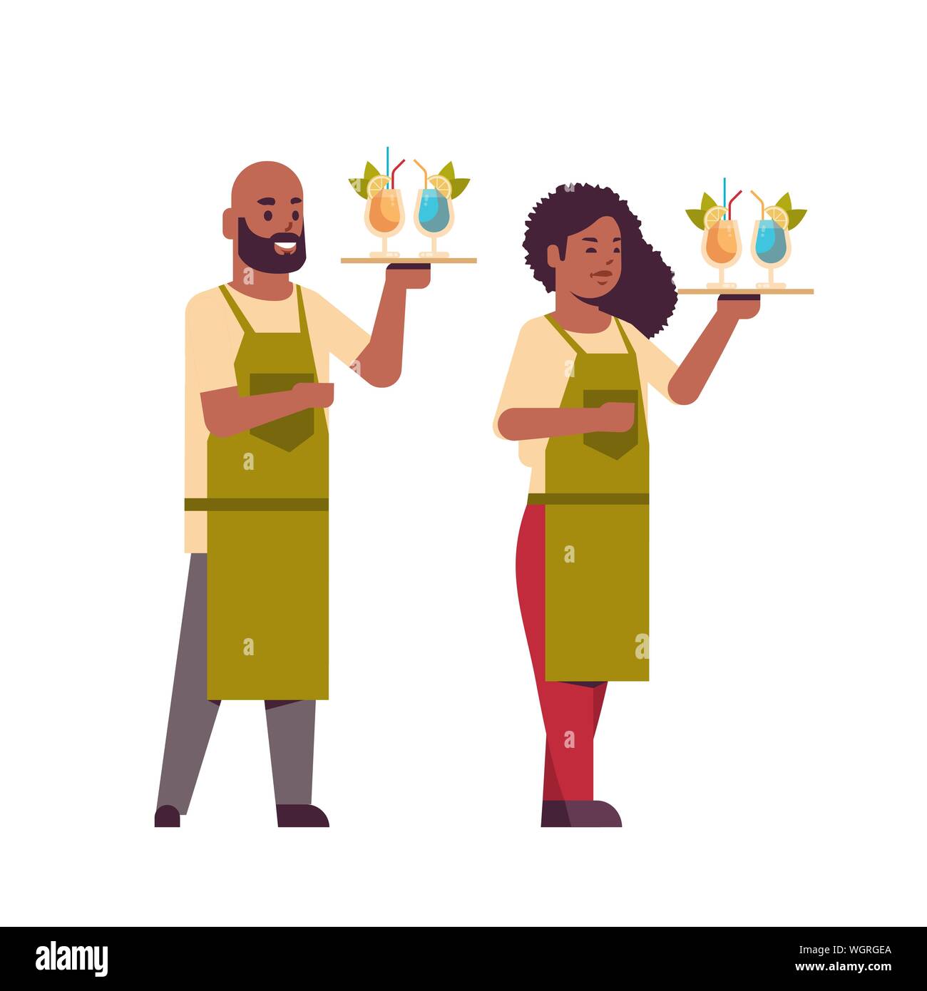 professional waiters couple holding serving trays with cocktails african american man woman restaurant workers in uniform carrying different alcohol Stock Vector