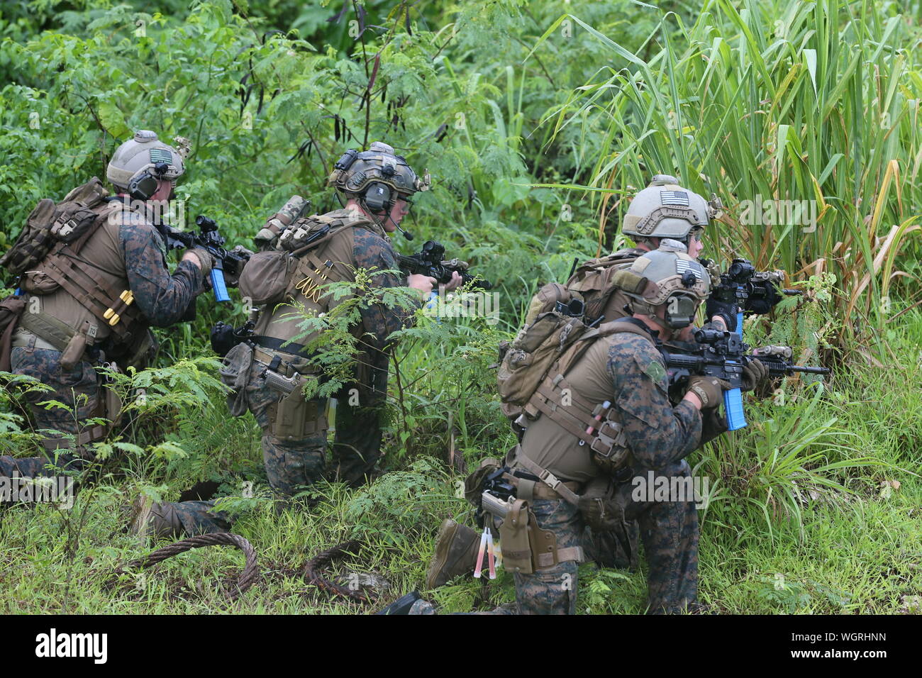 U.S. Marines with 3rd Reconnaissance Battalion, 3rd Marine Division, secure the beach for follow on forces from Special Operations Command Australia and U.S. Air Force 36th Civil Engineer Squadron Explosive Ordnance Disposal, during a training evolution as part of exercise HYDRACRAB in Santa Rita, Guam, Aug. 26, 2019. HYDRACRAB is a multilateral exercise conducted by U.S. Marines and Sailors with military service members from Australia, Canada, and New Zealand. The purpose of this exercise is to prepare the participating Explosive Ordnance Disposal forces to operate as an integrated, capable, Stock Photo