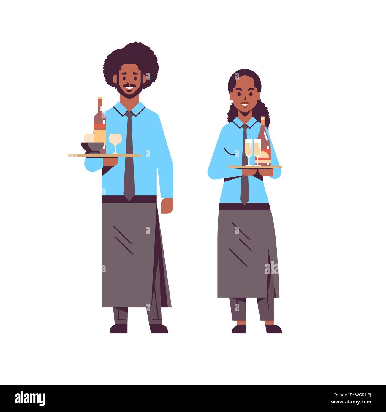 professional waiters holding bottles wine and champagne glasses on trays african american man woman restaurant workers in apron carrying alcohol drink Stock Vector