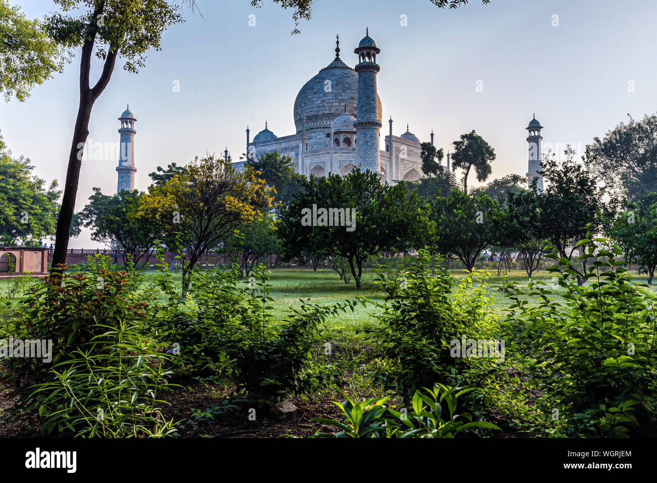 View of the Taj Mahal through the charbagh in Agra, India. Stock Photo