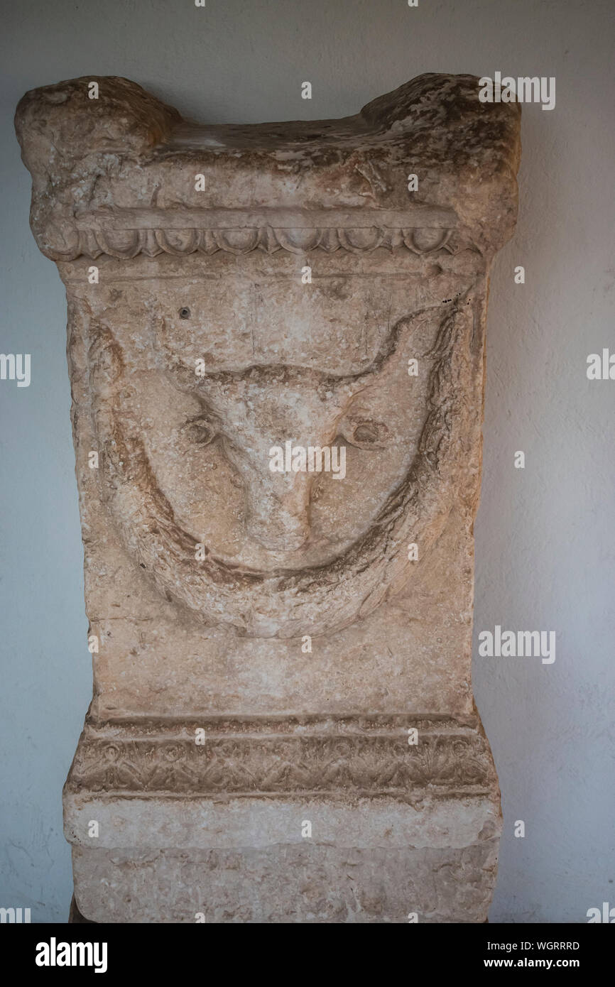 Ancient Roman altar with Bucranium and floral motif. Stock Photo