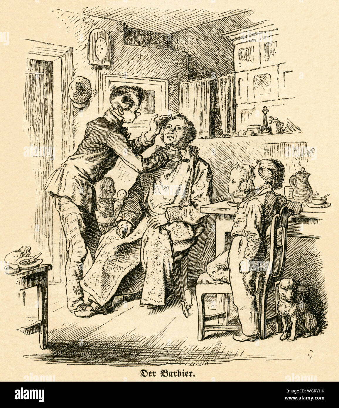 Europa, Deutschland, ' Der Barbier ' , Holzschnitt aus einer Zeitung , um 1862 . /  Europe, Germany, The barber , wood engraving from an newspaper, around 1862 . Stock Photo