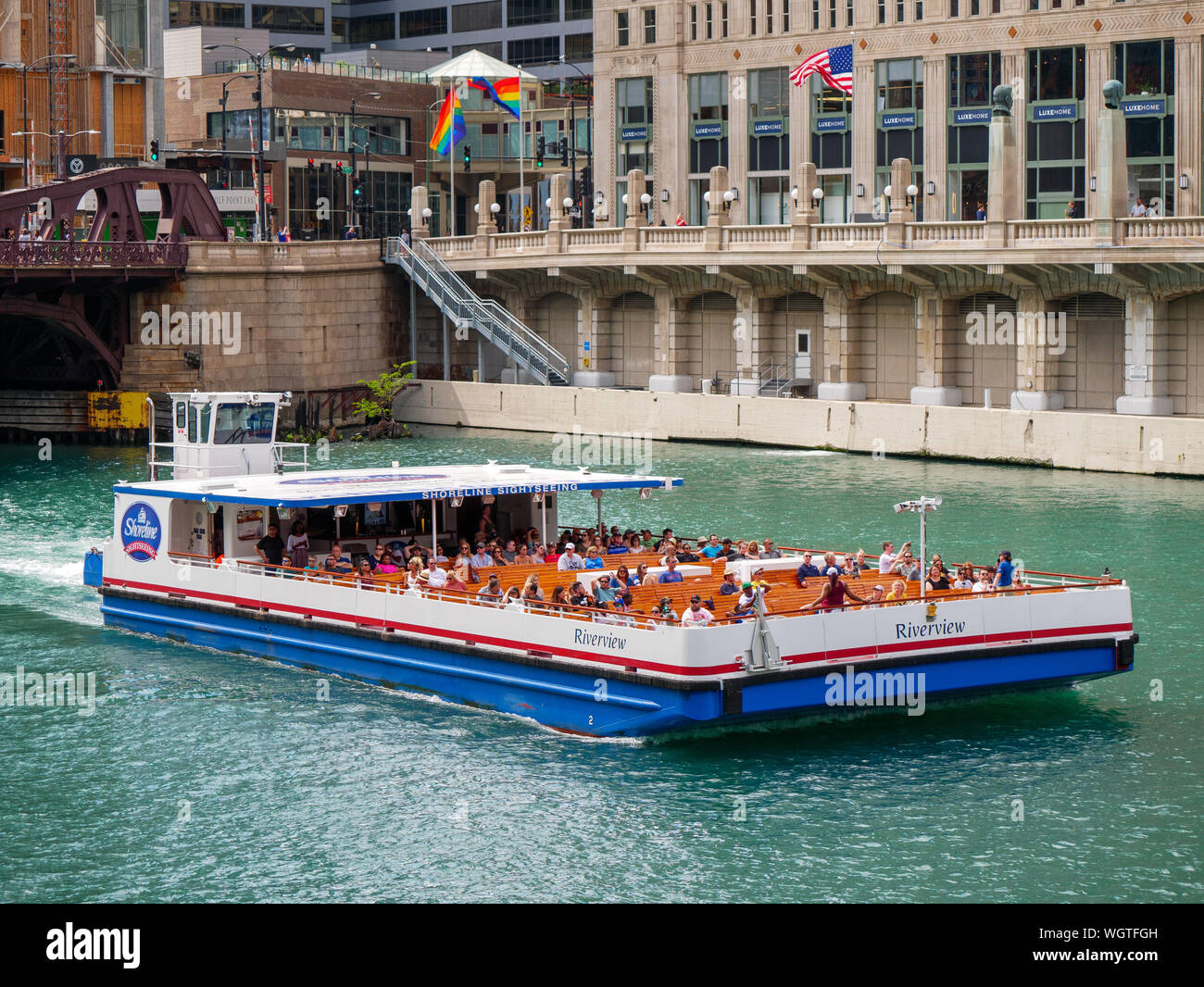 Sightseeing boat, Chicago River. Stock Photo