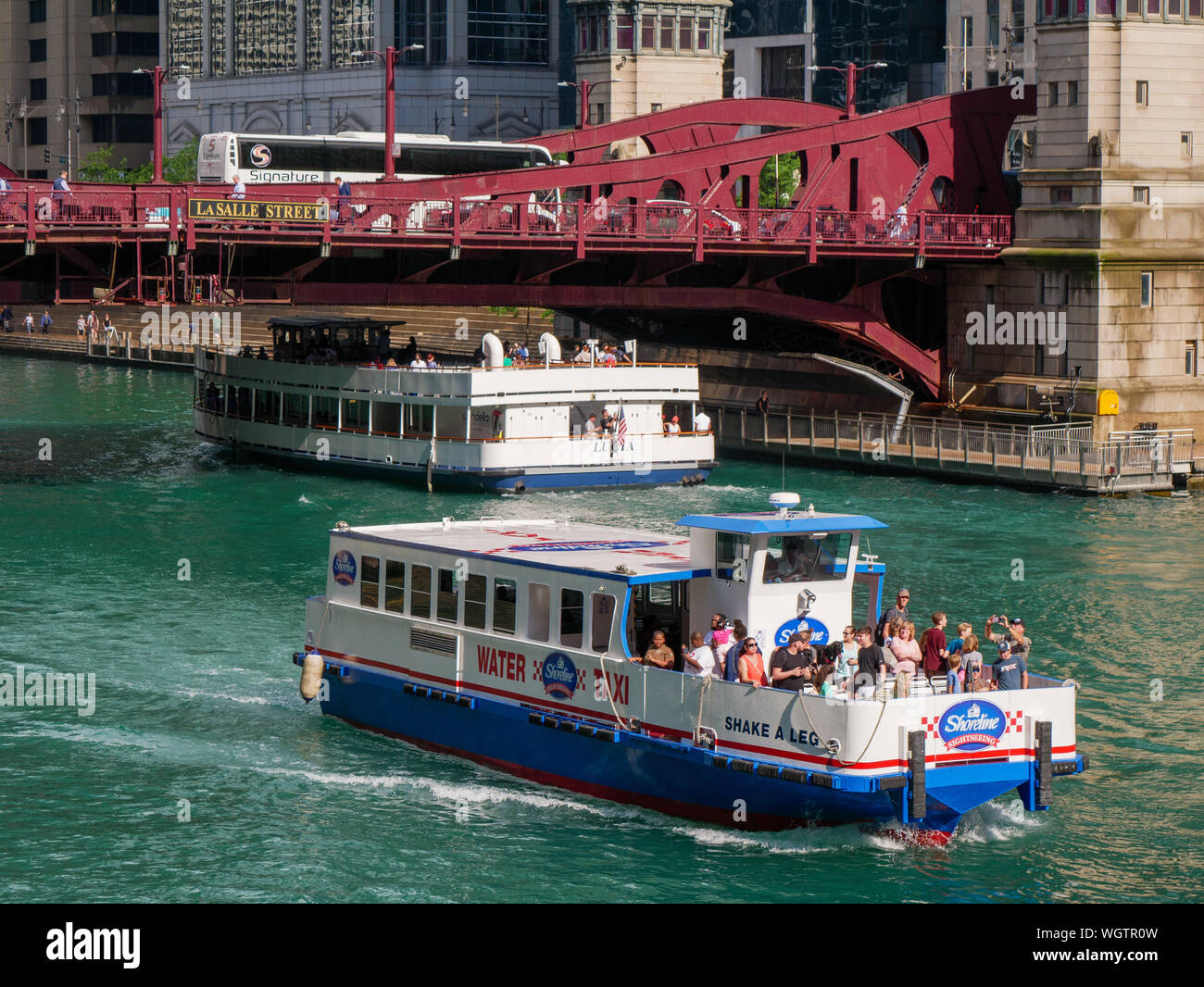 Water taxi, Chicago River. Stock Photo