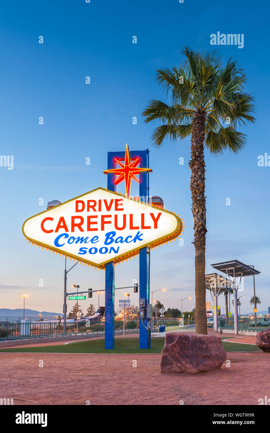 Las Vegas, Nevada, USA at the back of the Welcome to Las Vegas Sign reminding you to drive carefully and come back soon. Stock Photo