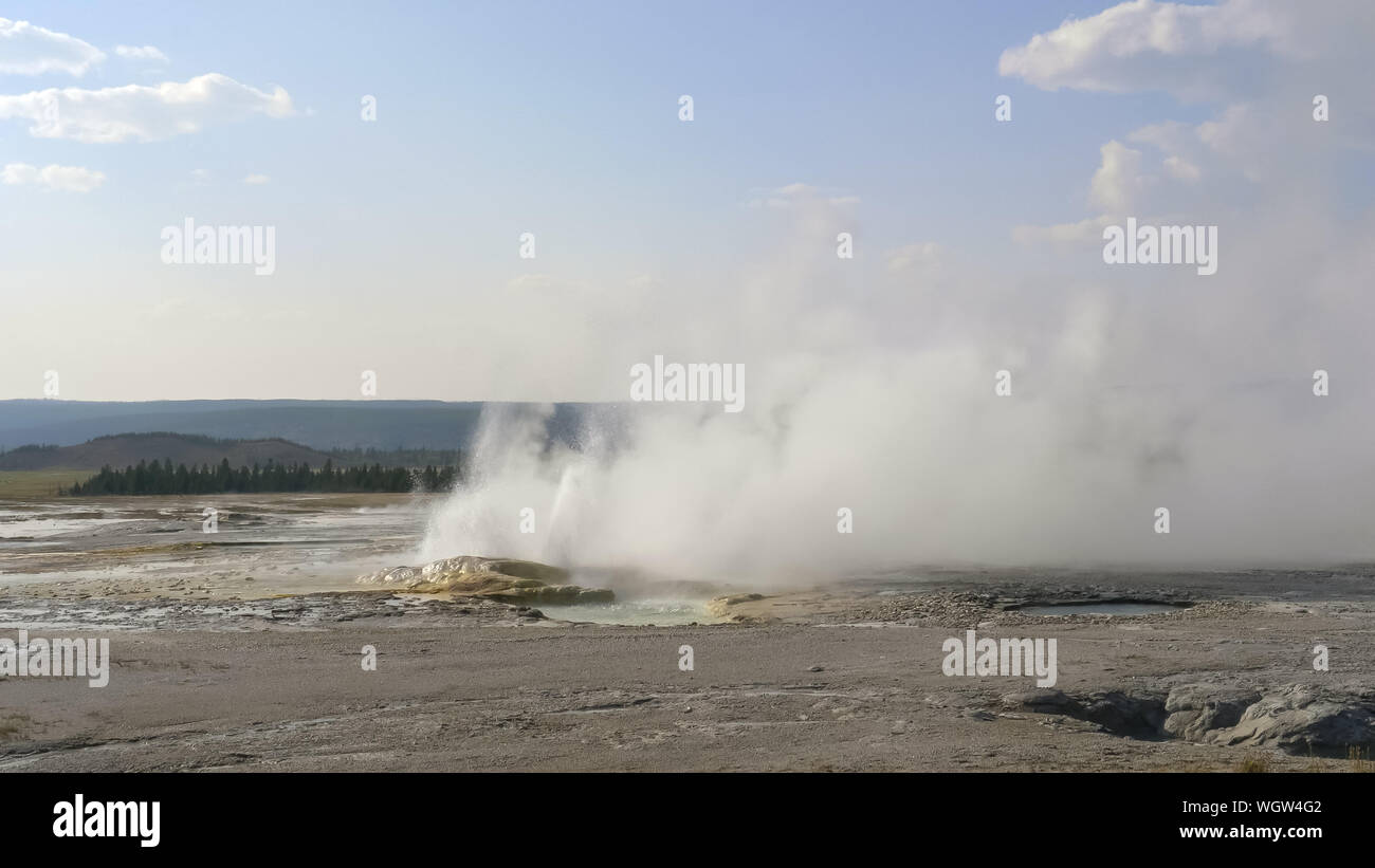wide view of clepsydra geyser erupting in yellowstone Stock Photo