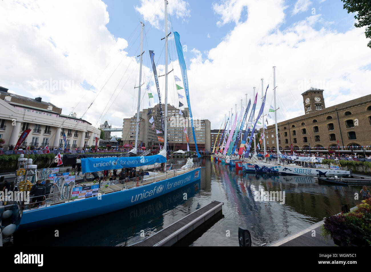 London, UK. 1st Sep, 2019. Racing boats are moored in St Katherine's Dock at the start of the Clipper Round the World Race in London, Britain on Sept. 1, 2019. Credit: Ray Tang/Xinhua Stock Photo