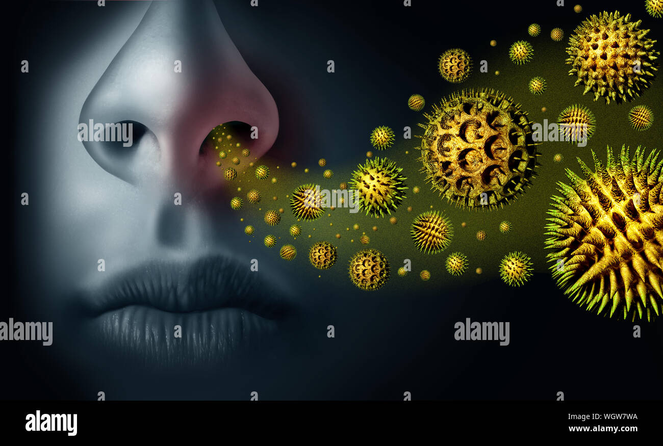 Seasonal pollen allergy and hay fever allergies and medical concept as a group of microscopic organic pollination particles flying in the air. Stock Photo