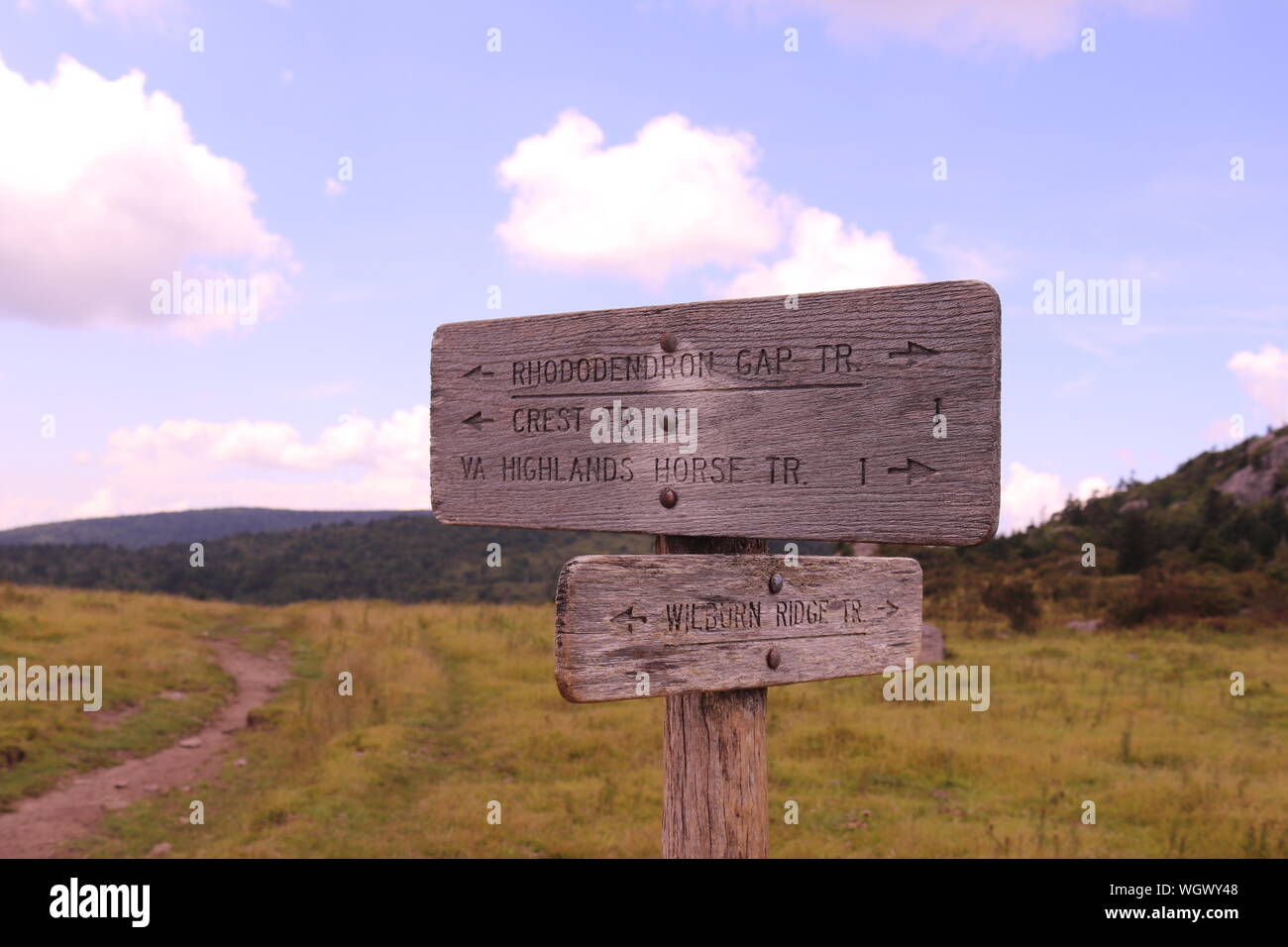 A wooden sign at Grayson Highlands State Park, Mouth of Wilson, Virginia Stock Photo