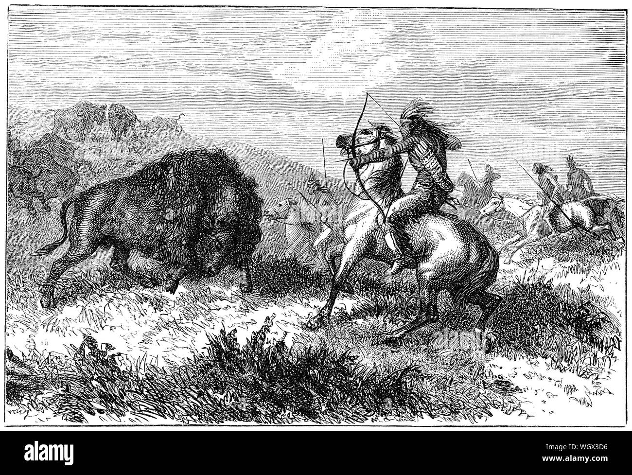 c1876 engraving of Native Americans hunting bison. Stock Photo