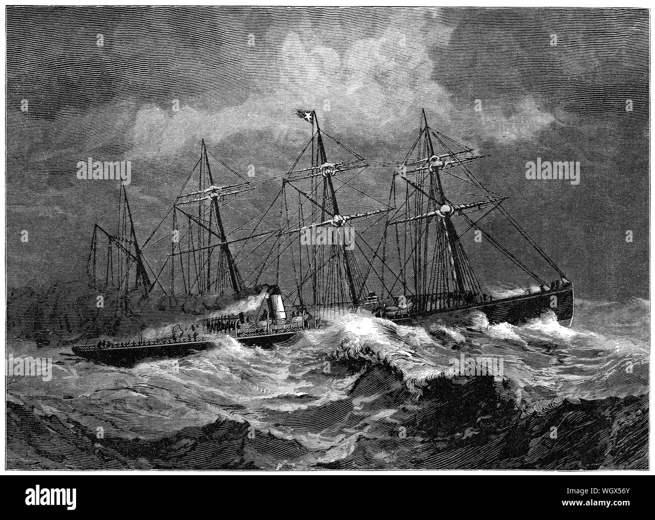 c1876 engraving of the White Star Line ocean liner SS Celtic in heavy seas. Stock Photo