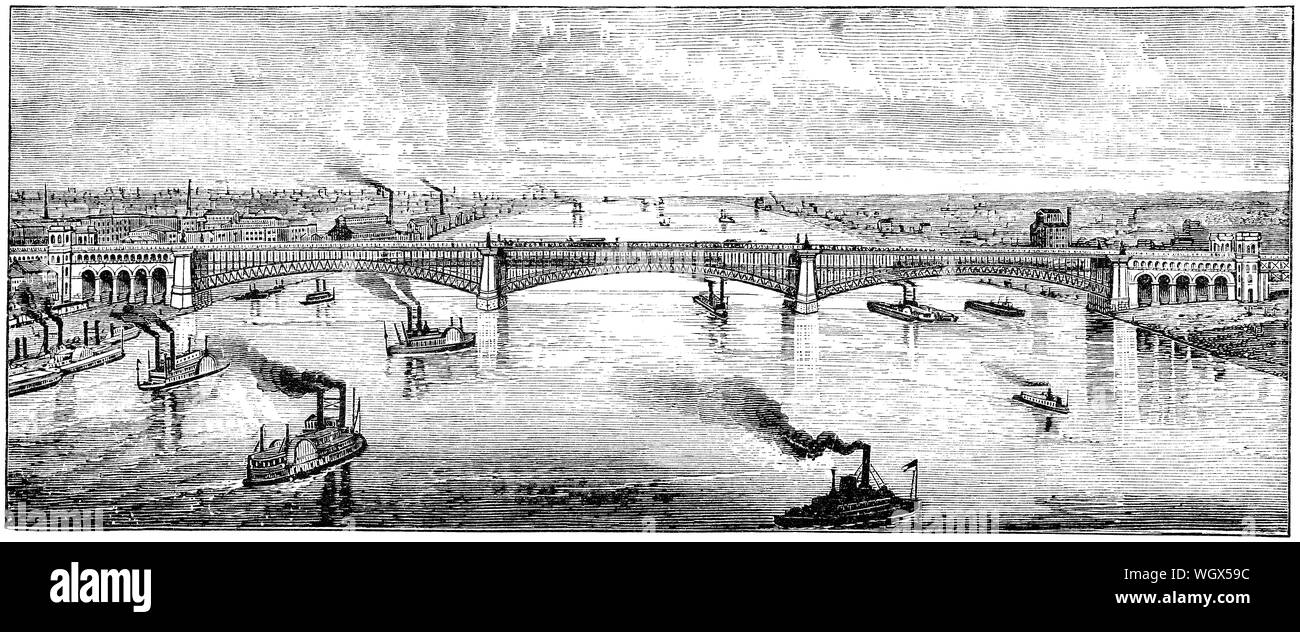 c1976 engraving of the recently completed Eads Bridge, connecting St. Louis, Missouri and East St. Louis, Illinois, over the Mississippi River. Stock Photo