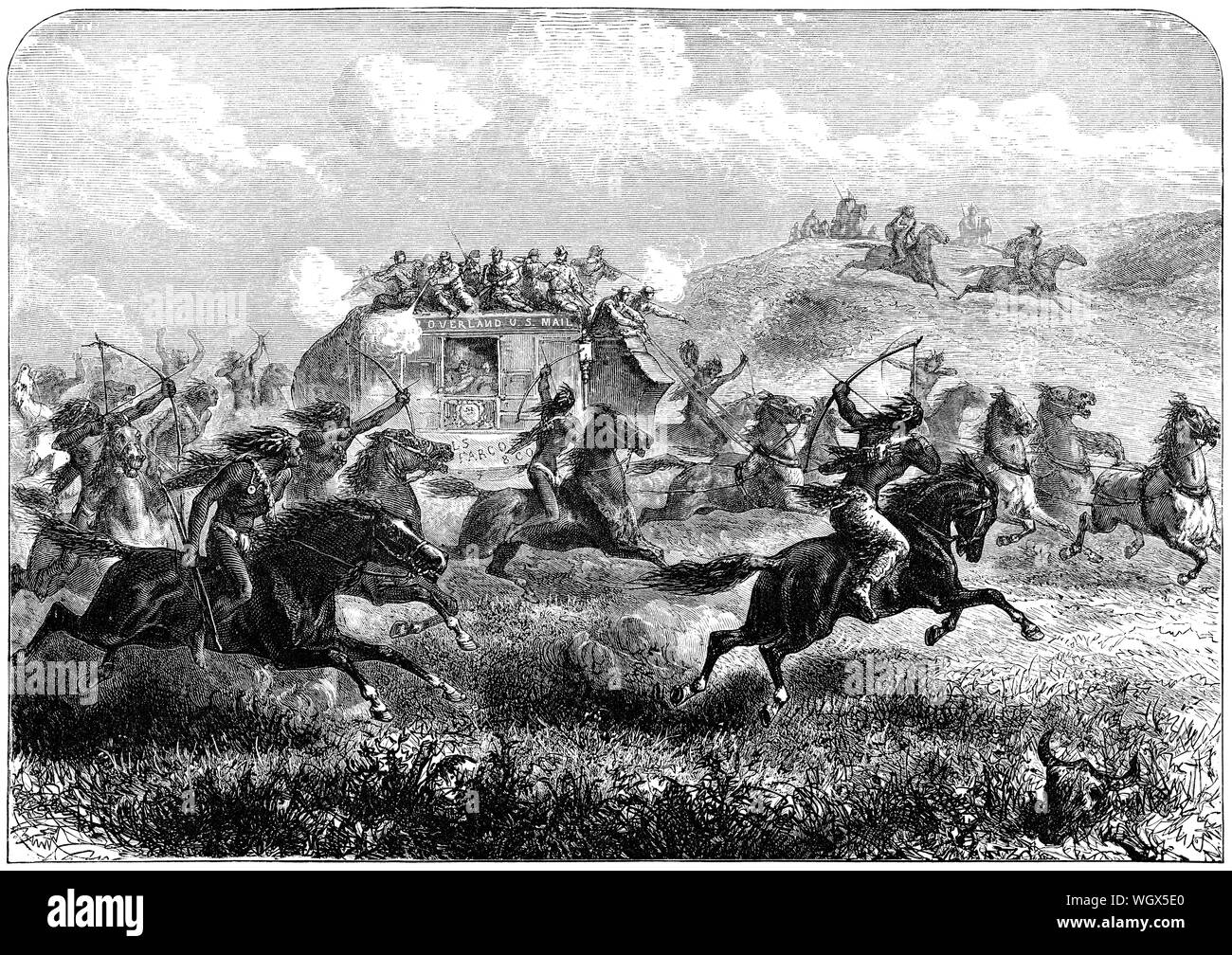 c1876 engraving of a United States Mail stagecoach under attack by Native Americans while crossing the prairie. Stock Photo