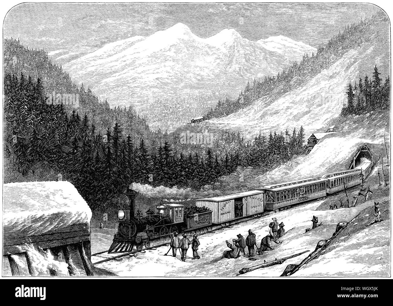 c1876 engraving of a train carrying the United States mail across the Sierra Nevada in 1870. Stock Photo