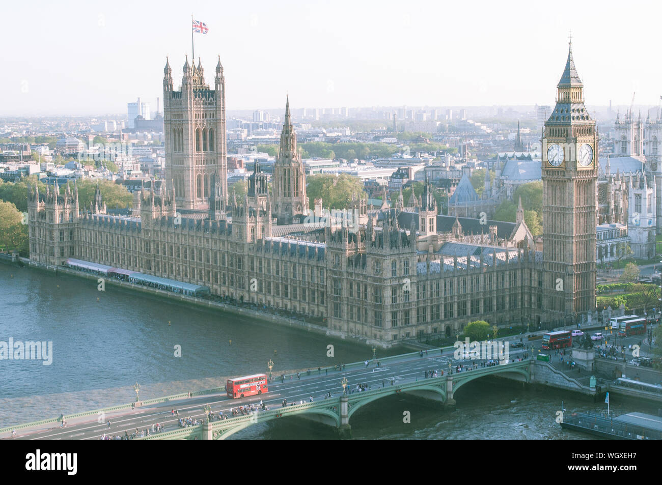 Aerial View Of Westminster Palace And Bridge With Thames River In City Stock Photo