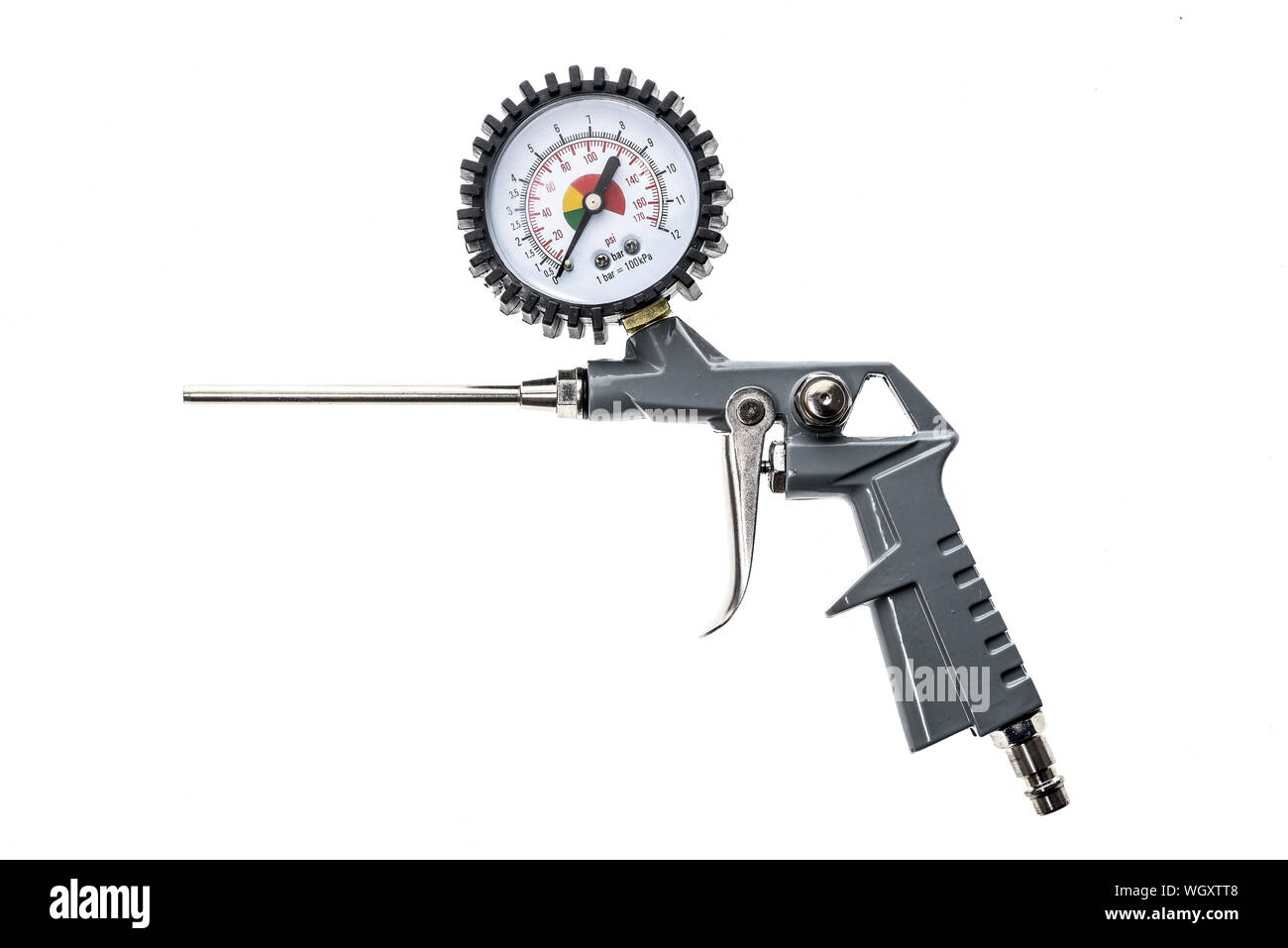 Closeup Of Air Compressor Gun With Manometer Over White Background Stock Photo Alamy