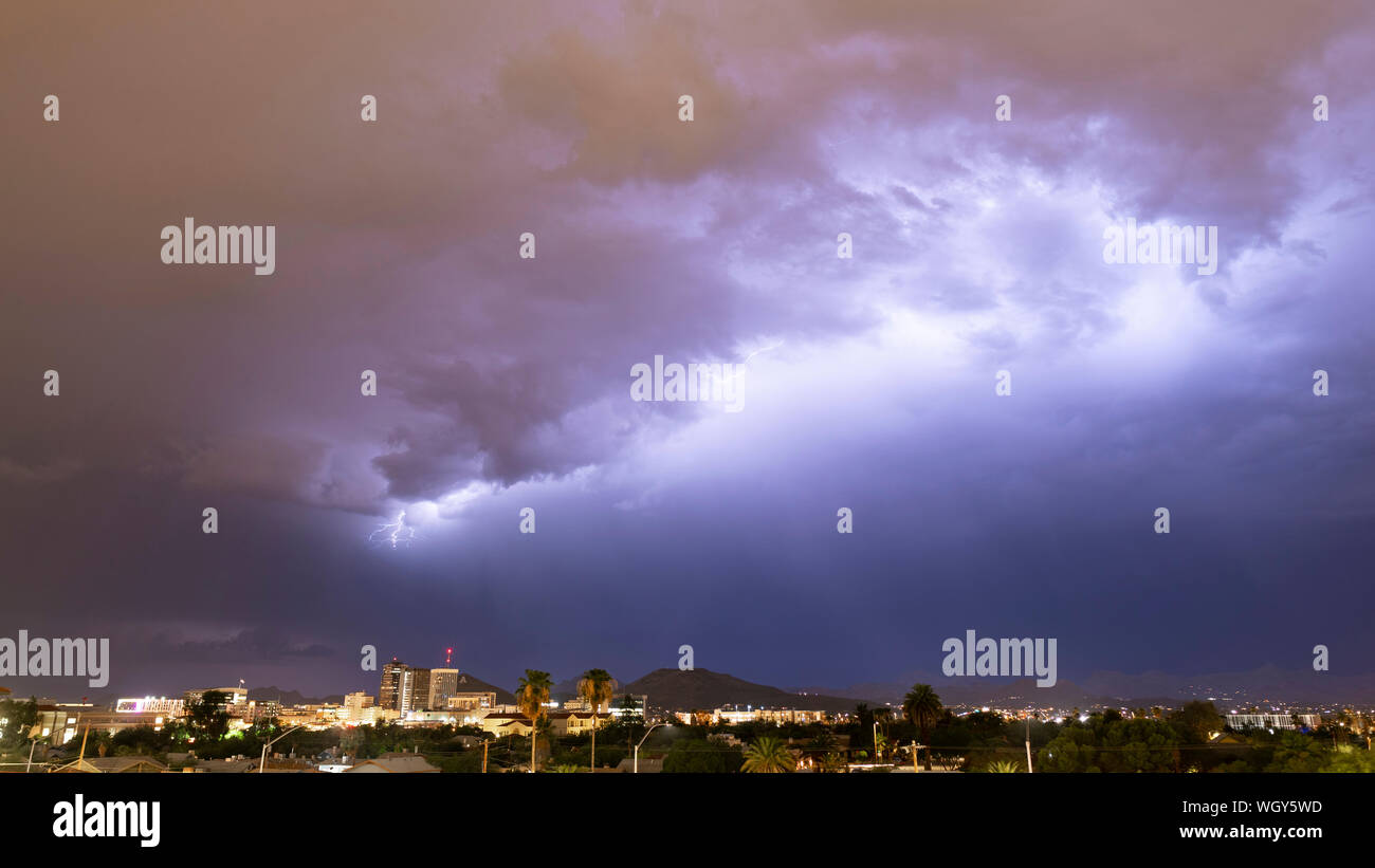 Electrical Storm Lightning Striking over Downtown Tucson Arizona United States Stock Photo