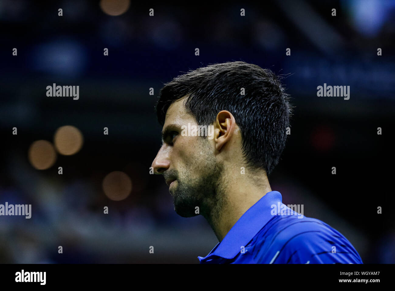New York, USA. 01st Sep, 2019. Novak Djokovic of Serbia reacts during his match against Stan Wawrinka of Switzerland in the third round on Arthur Ashe Stadium at the USTA Billie Jean King National Tennis Center on September 01, 2019 in New York City. Credit: Independent Photo Agency/Alamy Live News Stock Photo