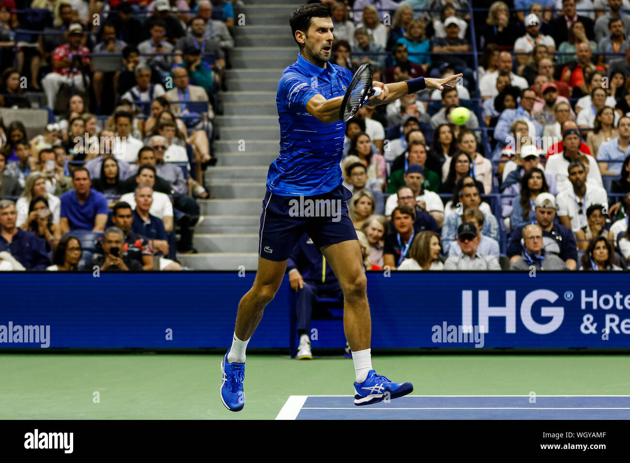 New York, USA. 01st Sep, 2019. Novak Djokovic of Serbia hits a forehand during his match against Stan Wawrinka of Switzerland in the third round on Arthur Ashe Stadium at the USTA Billie Jean King National Tennis Center on September 01, 2019 in New York City. Credit: Independent Photo Agency/Alamy Live News Stock Photo