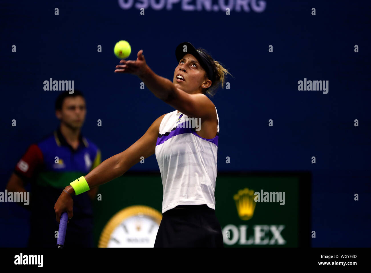 Flushing Meadows, New York, United States - 1 September 2019.  Madison Keys of the United States serving to her opponent, Number 5 seed, Elina Svitolina of Ukraine, during their fourth round match at the US Open in Flushing Meadows, New York. Svitolina won the match in straight sets Credit: Adam Stoltman/Alamy Live News Stock Photo