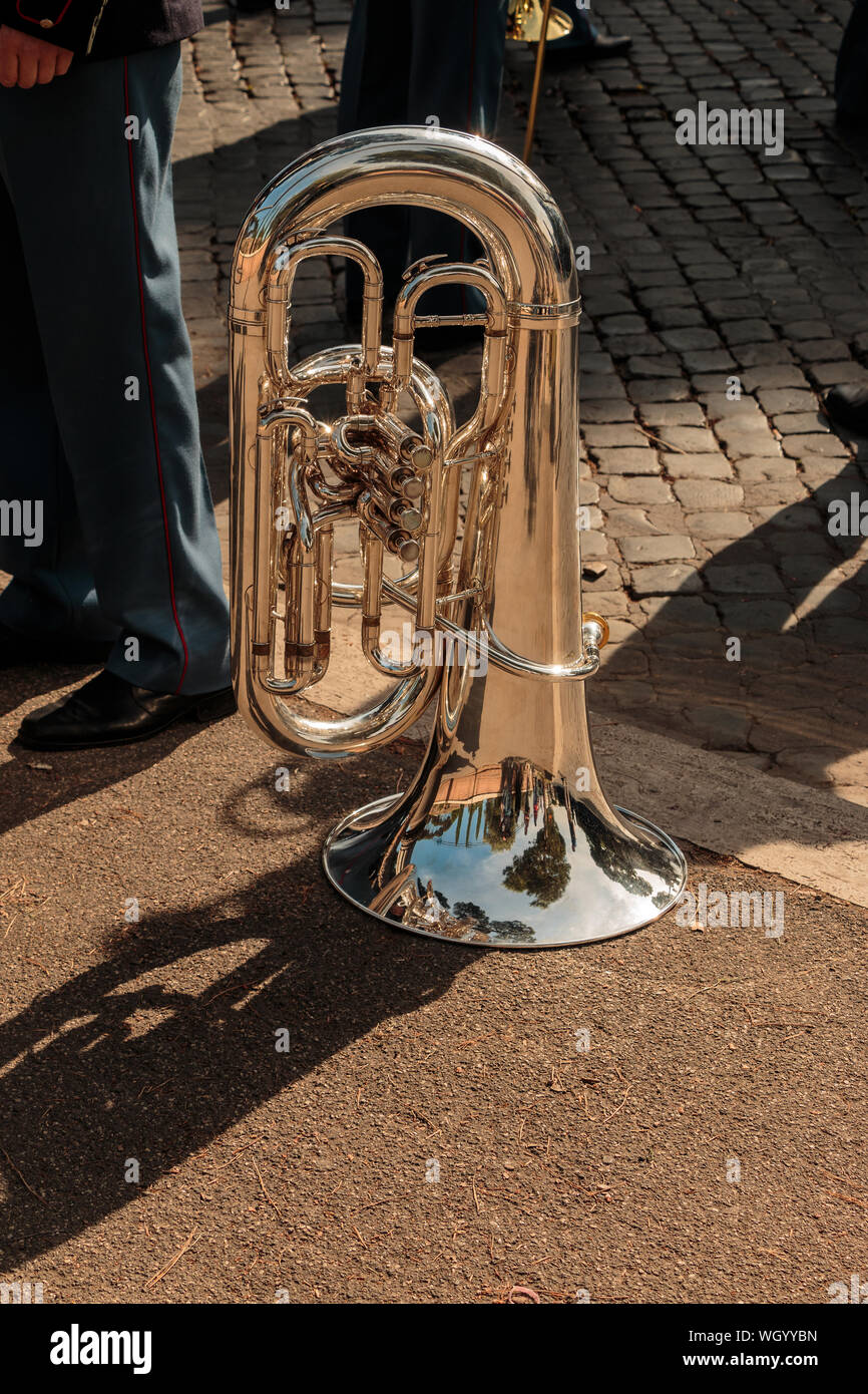 Marching Band With Wind Instrument Standing On Street Stock Photo Alamy