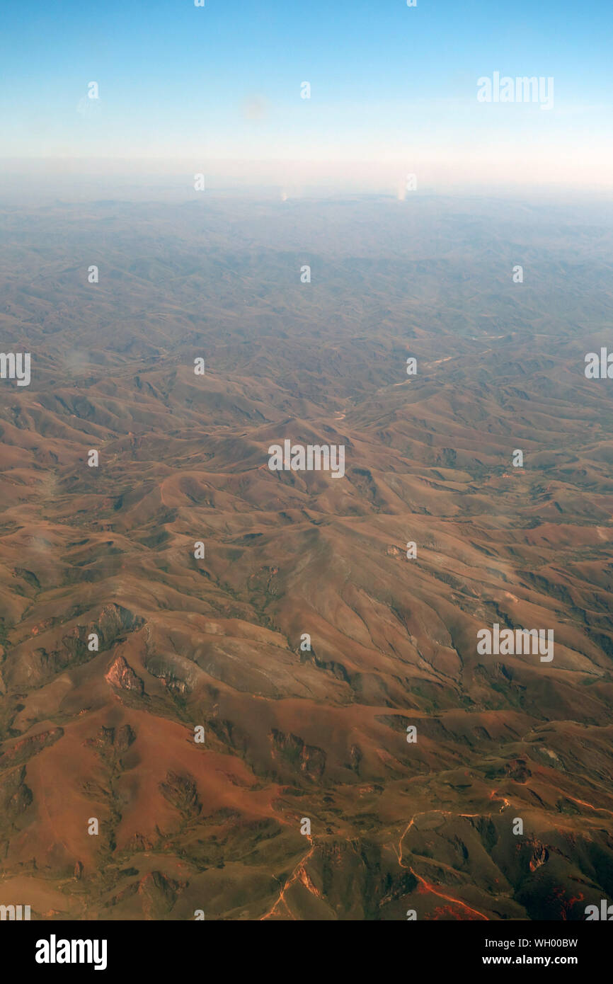 Aerial view of deforested and eroding landscape of central Madagascar Stock Photo