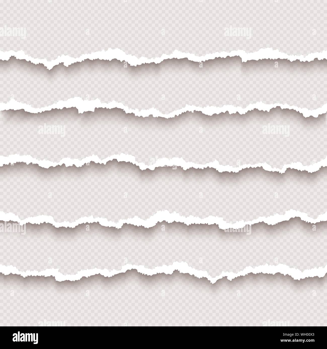 Set of horizontal seamless torn white paper with shadow. Damaged cardboard borders. Ripped stripes of paper. Vector illustration isolated on transpare Stock Vector