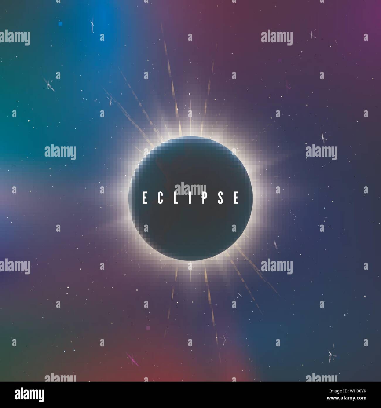 Solar eclipse. Astronomy effect - sun eclipse. Abstract astral universe background. Rays of starlight burst out from behind the planet. Vector illustr Stock Vector