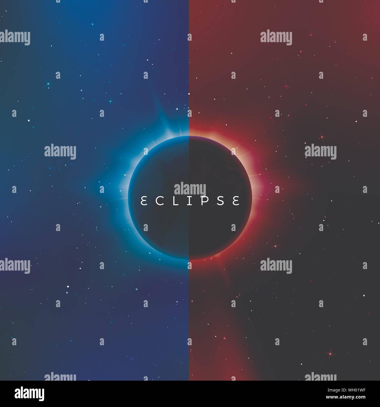 Solar eclipse. Astronomy effect - sun eclipse. Abstract astral universe background red and blue version. Rays of starlight burst out from behind the p Stock Vector