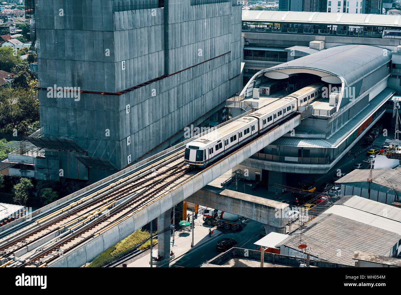 Top view of BTS sky train running in downtown of Bangkok Stock Photo