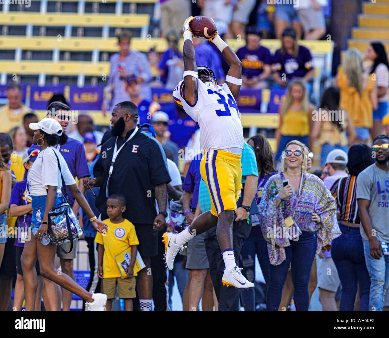 August 31, 2019: LSU Tigers cornerback Lloyd Cole (34) warms up before the game between the LSU Tigers and Georgia Southern Eagles on August 31, 2019 at the Tiger Stadium in Baton Rouge, LA. Stephen Lew/CSM Stock Photo