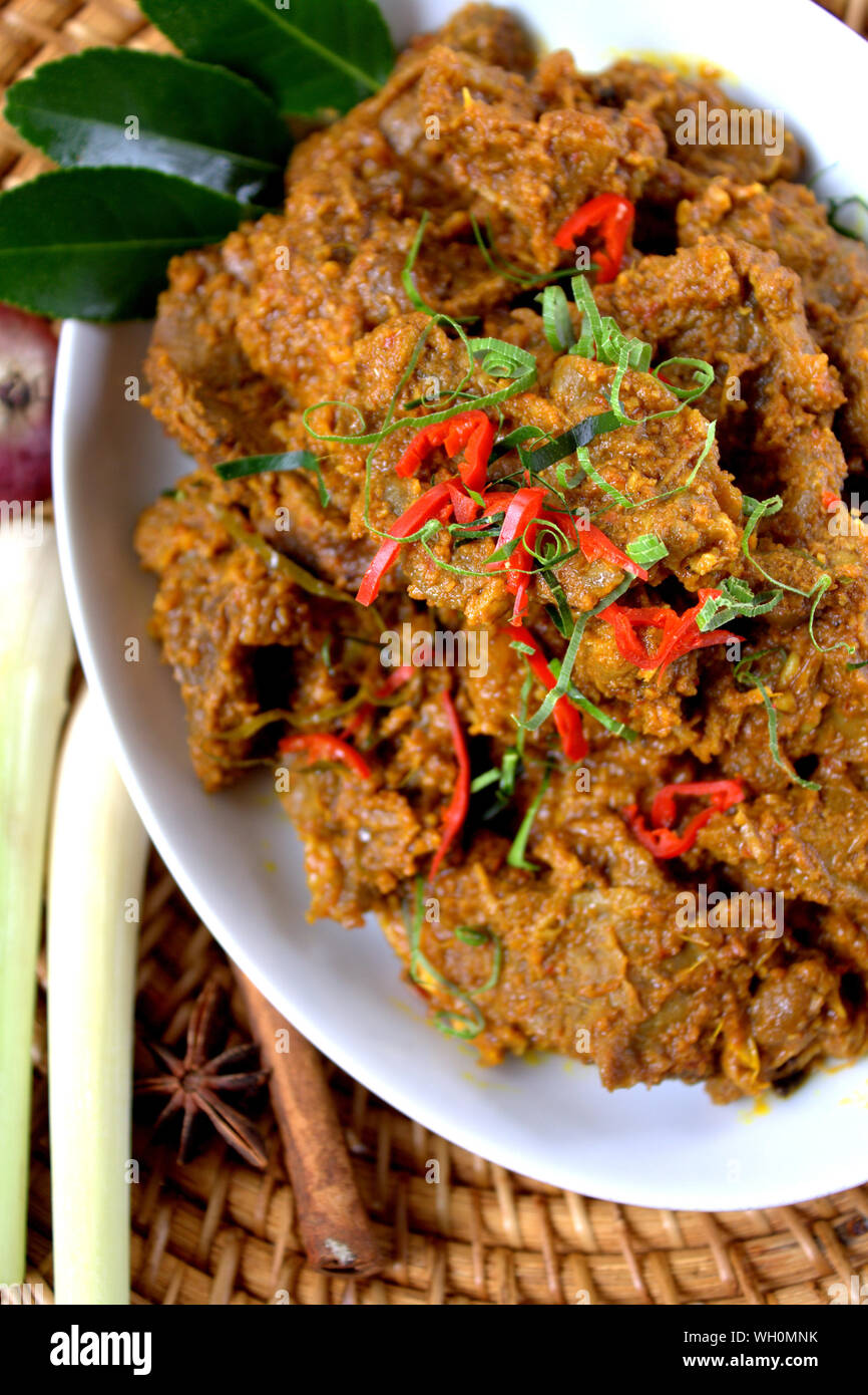 High Angle View Of Beef Rendang In Plate Stock Photo