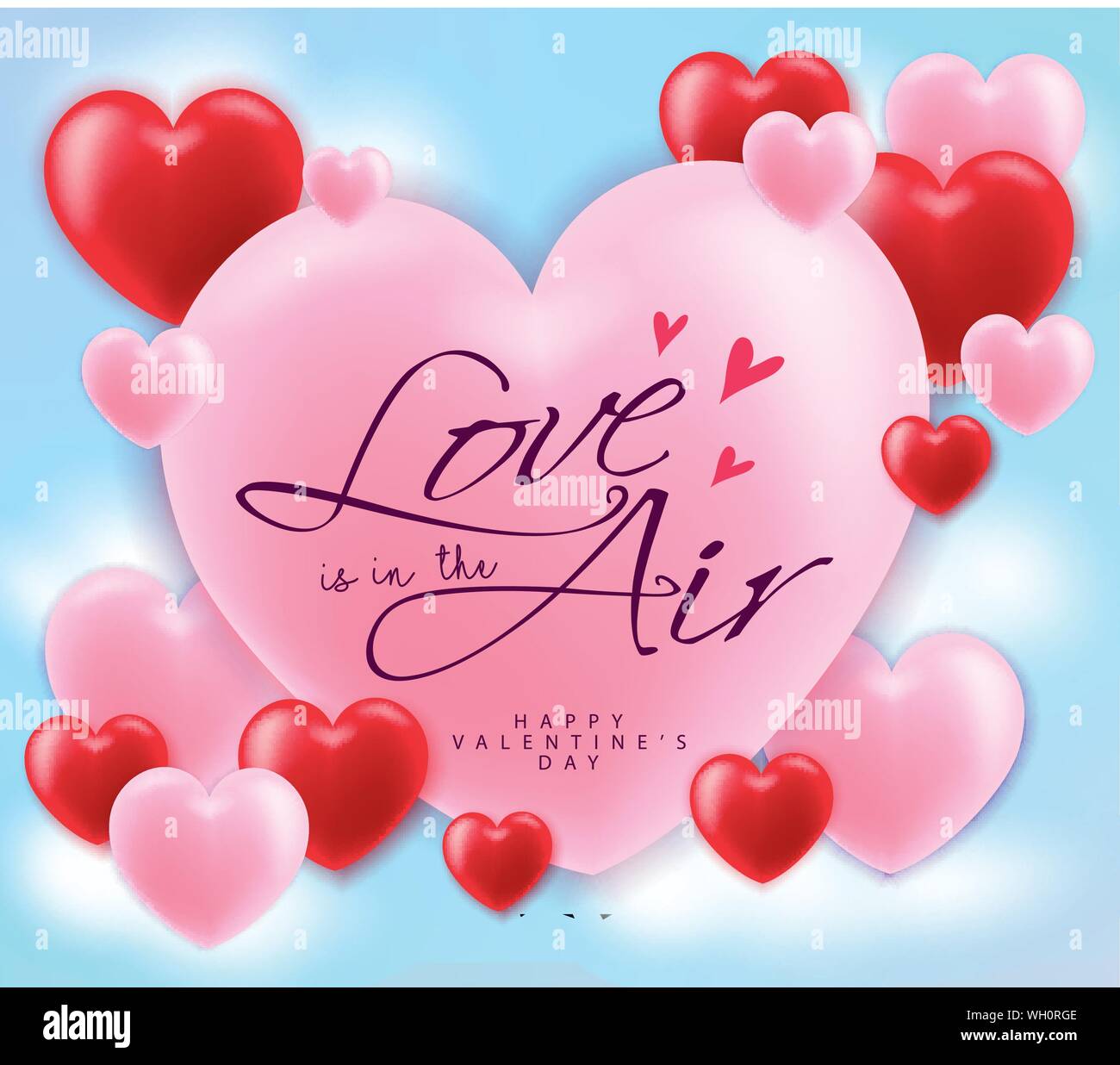 Love is in the Air and Happy Valentines Day Cute Poster Floating in Blue Sky  with Clouds Background. Vector Illustration Stock Vector Image & Art - Alamy