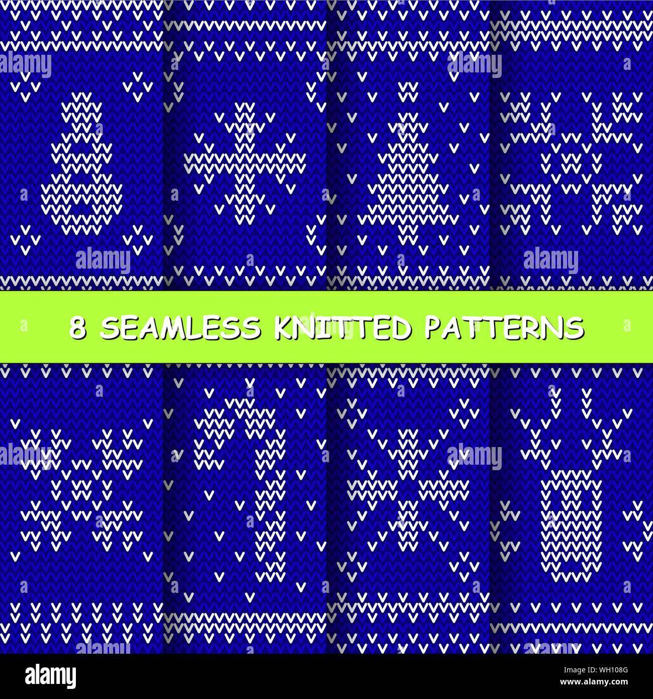 Set with seamless winter patterns. Blue and white knitted christmas ...
