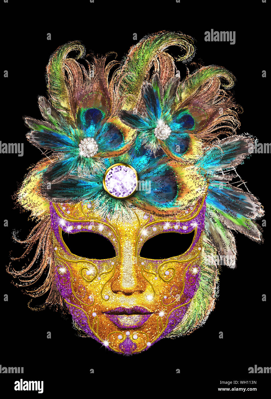 Fashion Venetian carnival mask made of gold and purple glitter, peacock ...