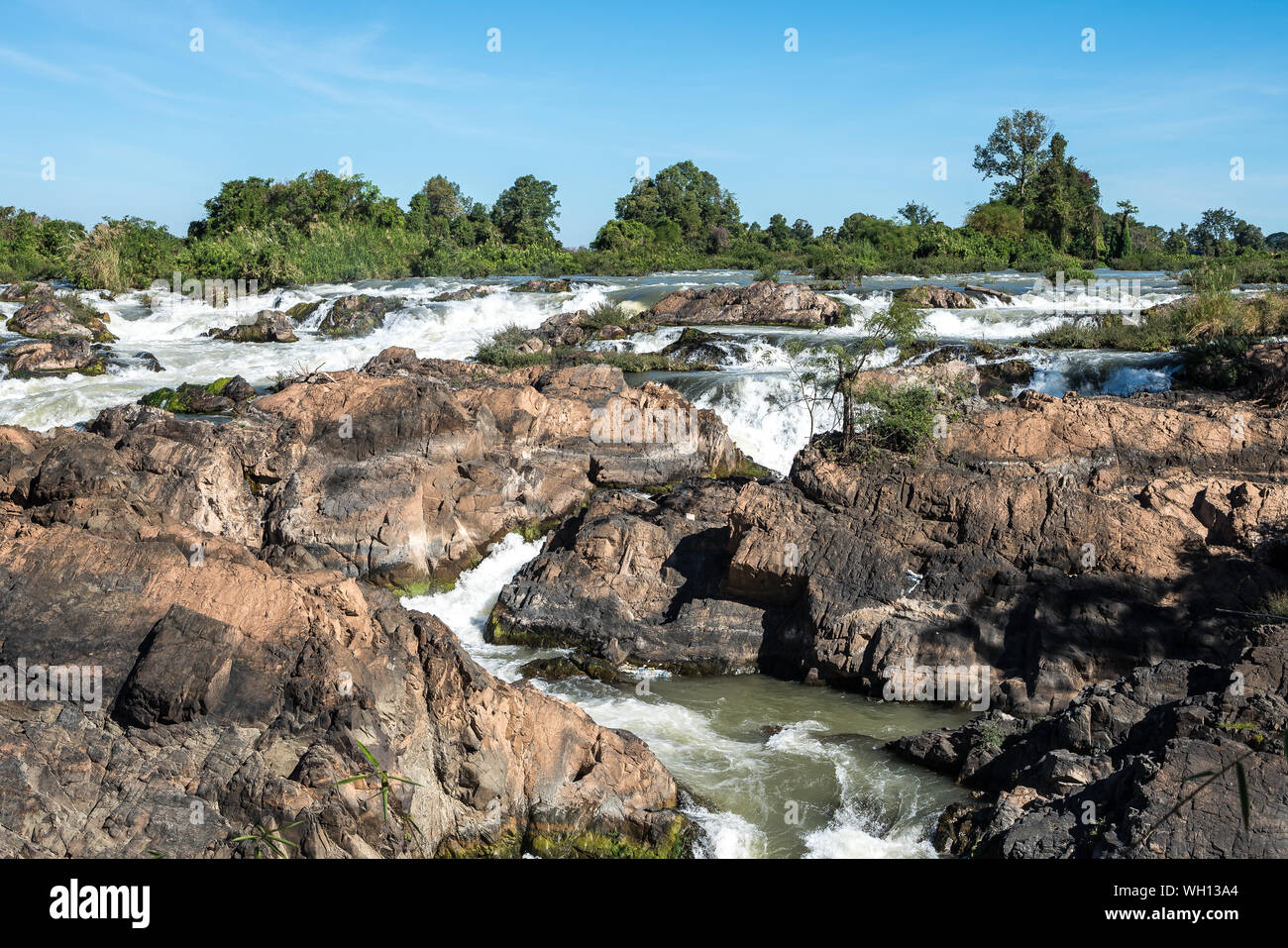 Somphamit Waterfalls or Liphi Waterfalls at Don Khone island in Laos Stock Photo