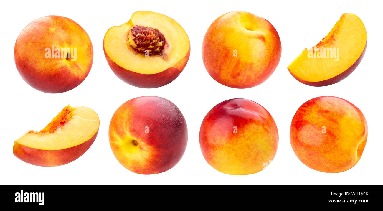 Peach isolated on white background, collection of ripe whole and sliced peaches with clipping path Stock Photo