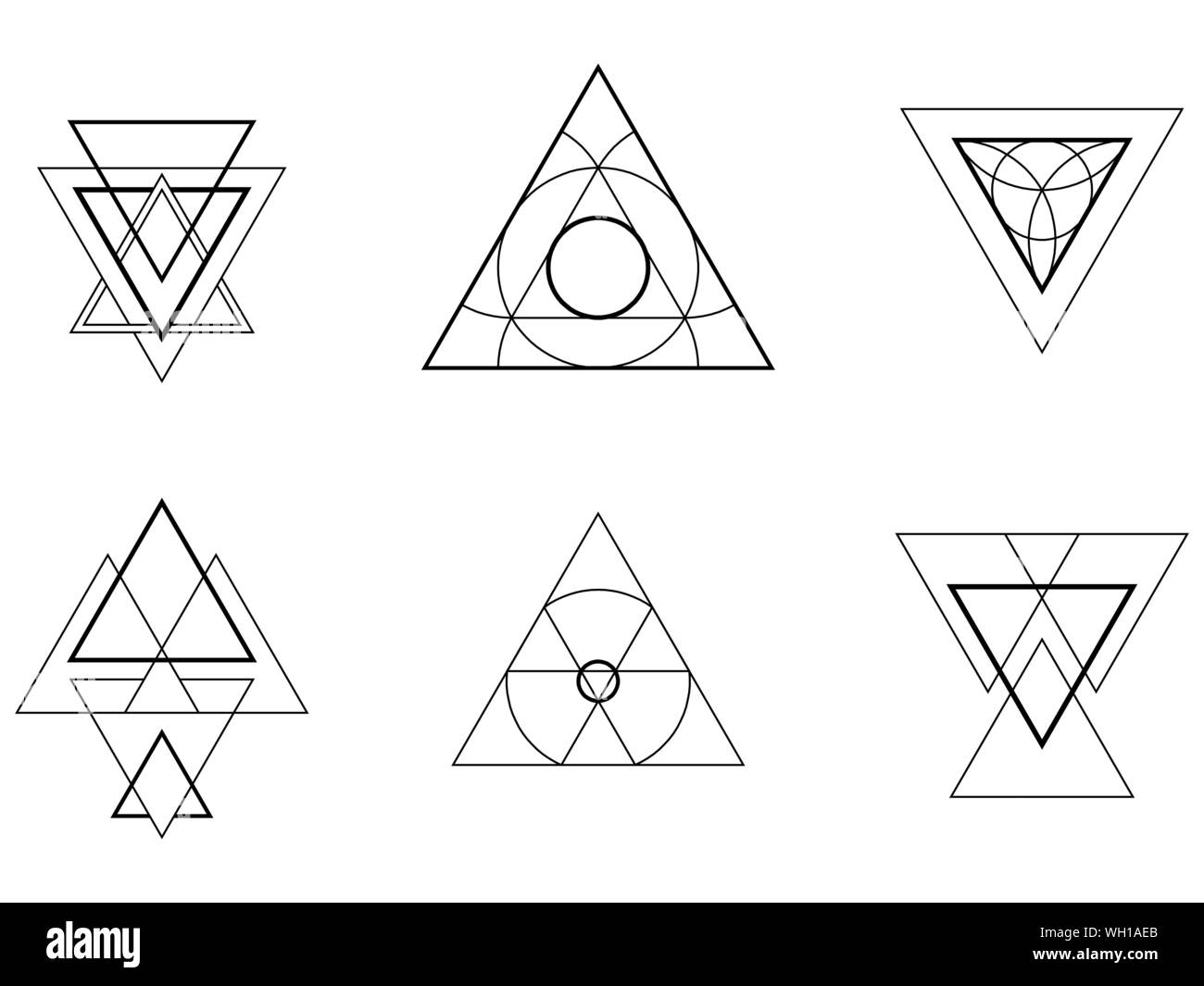 Set of vector trendy geometric icons. Set geometric signs, labels, and frames. Triangles. Line design elements, vector illustration. Trendy hipster logotypes. Stock Vector