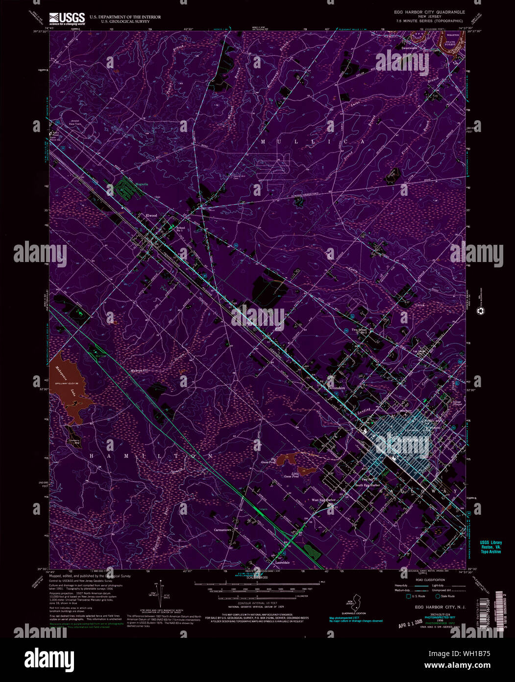 USGS TOPO Map New Jersey NJ Egg Harbor City 254340 1956 24000 Inverted Restoration Stock Photo