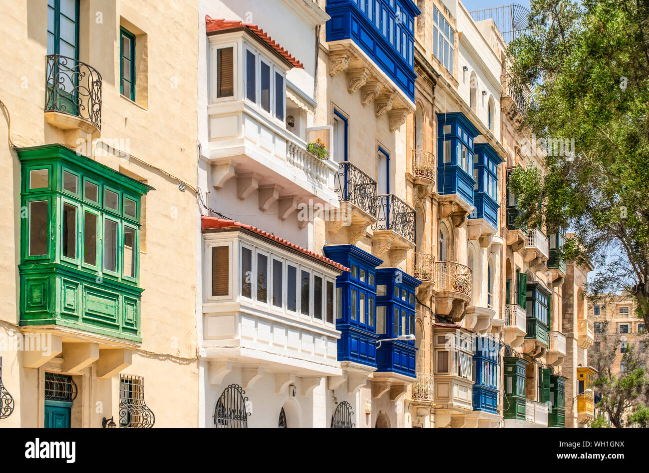 Colorful balconies in Valletta, Malta. Stock Photo