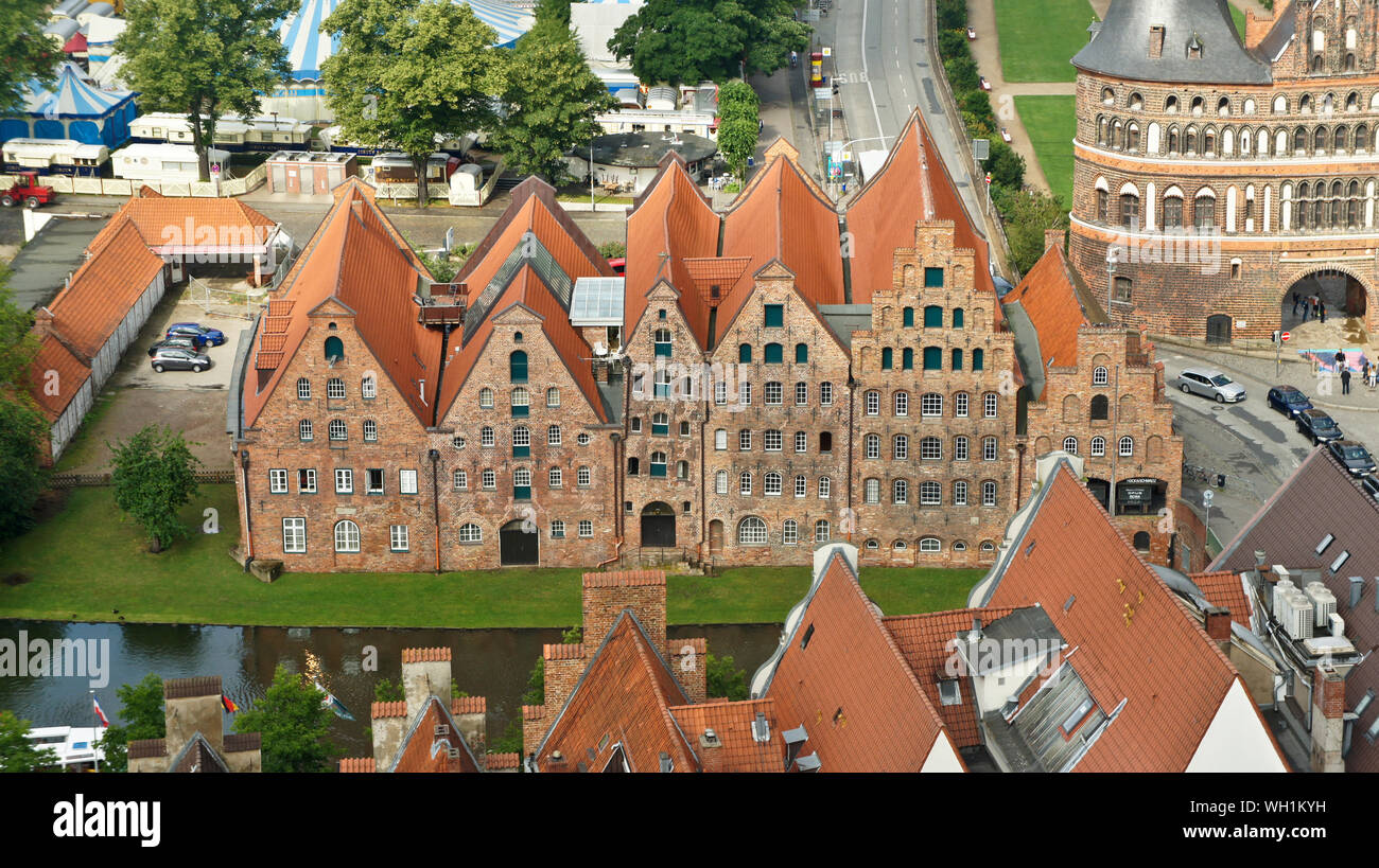 Lubeck, Germany - 07/26/2015 - Aerial view of Salzspeicher warehouses in old town, beautiful architecture, sunny day Stock Photo