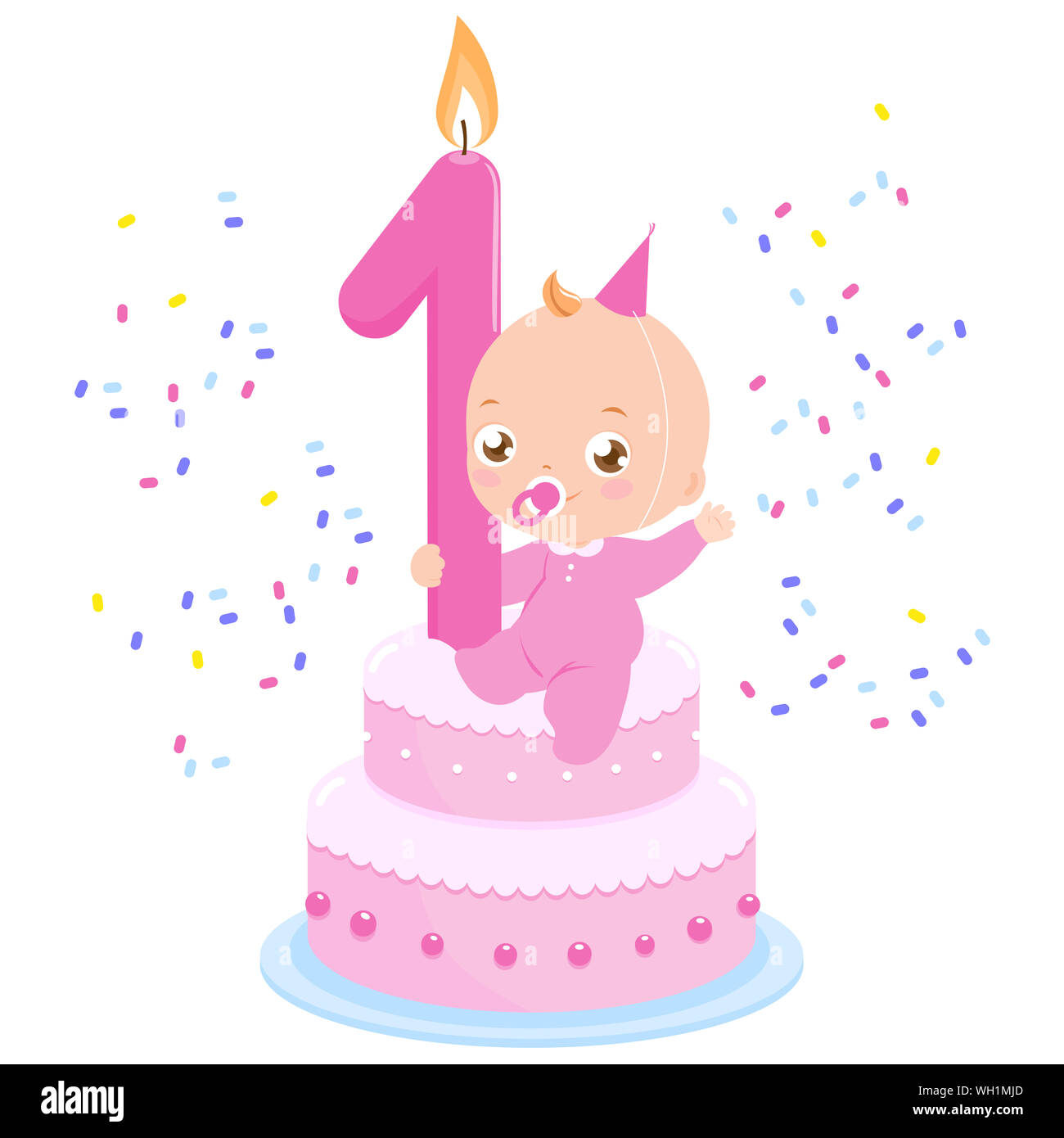 Illustration of a baby girl on a birthday cake celebrating her first  birthday throwing confetti Stock Photo - Alamy