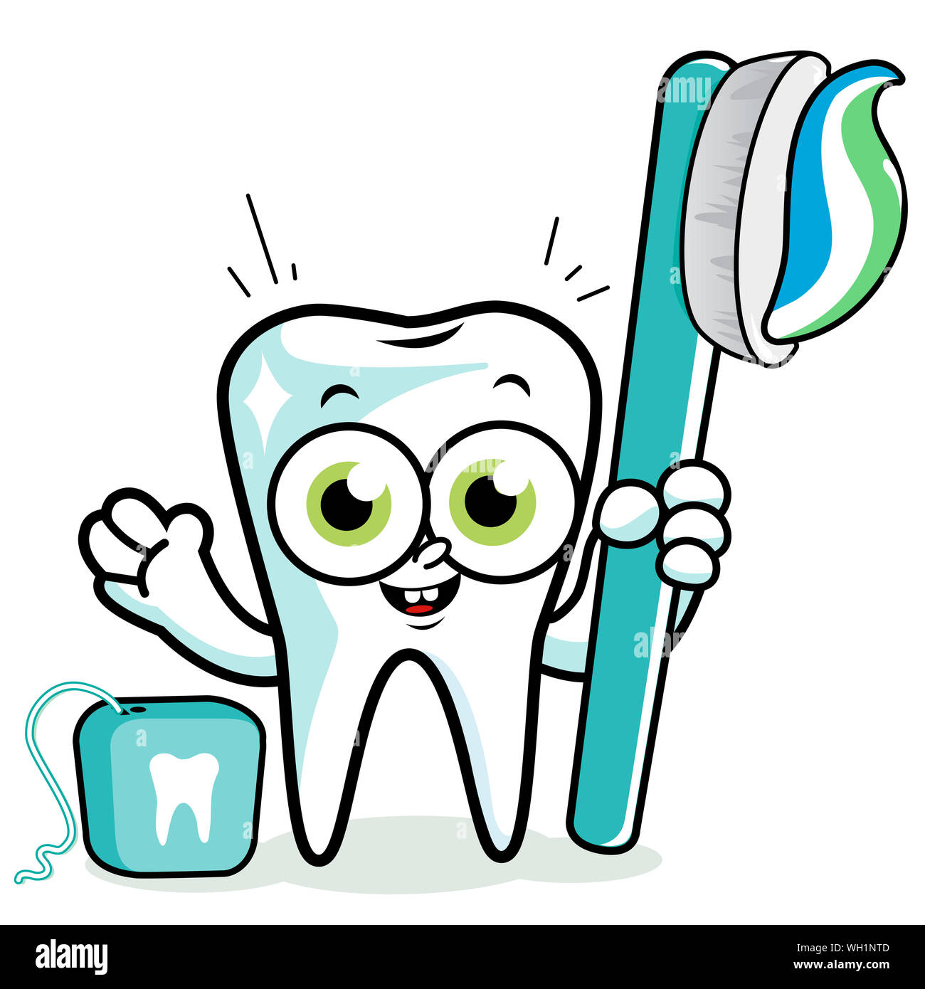 Illustration of a smiling cartoon tooth character holding a toothbrush and dental  floss Stock Photo - Alamy